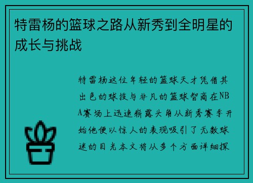 特雷杨的篮球之路从新秀到全明星的成长与挑战