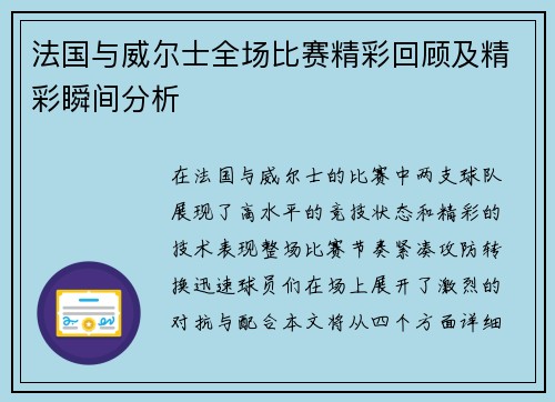 法国与威尔士全场比赛精彩回顾及精彩瞬间分析